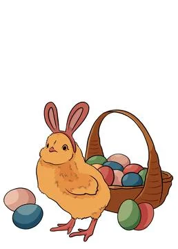 Easter basket with eggs and cute cartoon chick chicken on a white background.  Stock Illustration