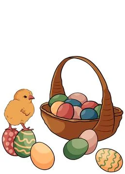 Easter basket with eggs and cute cartoon chick chicken on a white background.  Stock Illustration