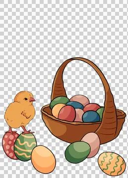 Easter basket with eggs and cute cartoon chick chicken isolate on a transparent  Stock Illustration