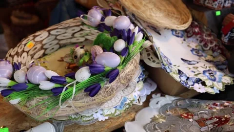 Easter basket with eggs and flowers spring decor Stock Footage 331812157