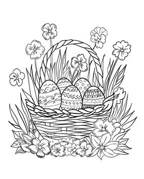 Easter basket with eggs and flowers, colouring book Stock Illustration