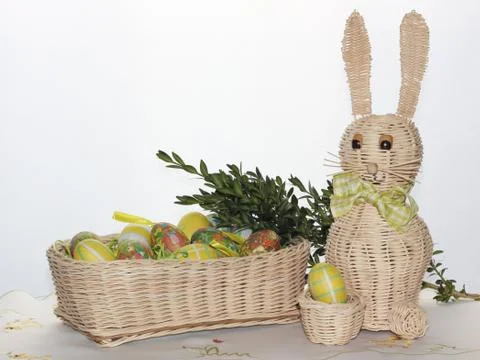 Easter basket of eggs and hare Stock Photos