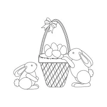 Easter Basket With Eggs and Rabbit outline Stock Illustration