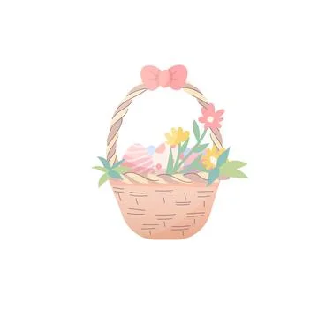 Easter Basket with Eggs and Spring Flowers, Pastel Clipart, Vector illustrati 스톡 일러스트