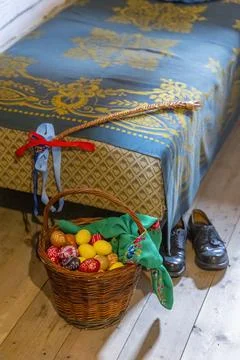 Easter basket with eggs and willow pomlazka in Czechia Stock Photos