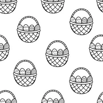 Easter basket with eggs black and white seamless pattern. Springtime background Illustrazione stock