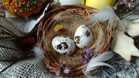 Easter basket with eggs cake dried flower zoom out Video stock 105096837
