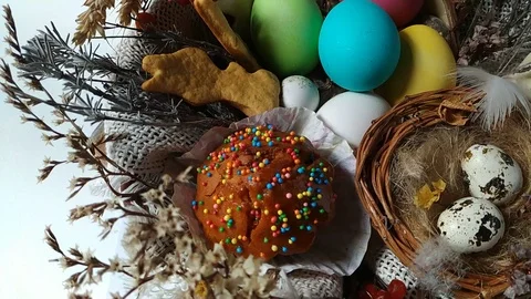 Easter basket with eggs cake dried flower rotation Stock Footage 105100014
