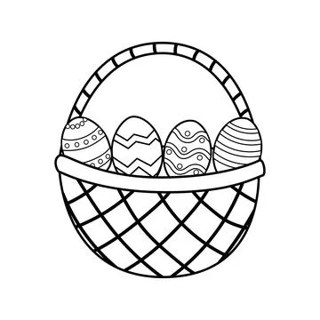 Easter basket with eggs coloring page for adults and kids. Springtime black and Stock Illustration