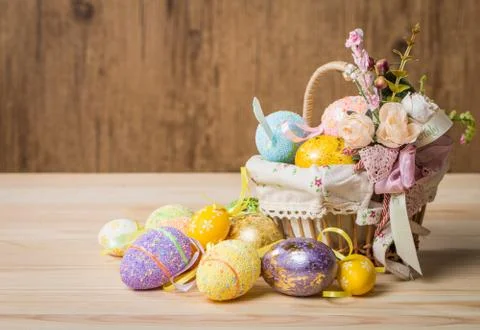 Easter basket with eggs Stock Photos