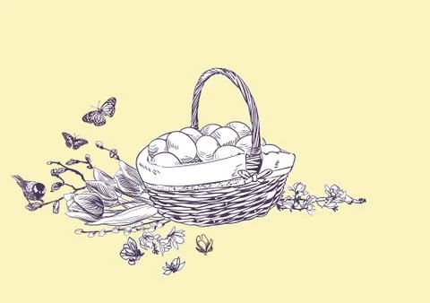 Easter basket eggs vector engrave card isolated Stock Illustration