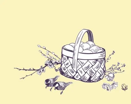 Easter basket eggs vector engrave card isolated Stock Illustration