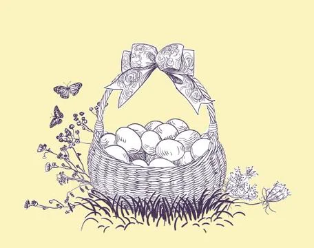 Easter basket eggs vector engrave card isolated Stock Illustration