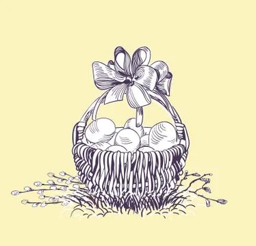 Easter basket eggs vector engrave card isolated Stock Illustration