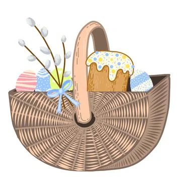 Easter basket with eggs, willow branches and Easter cake Stock Illustration