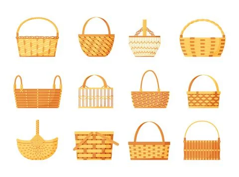 Easter basket. Empty bamboo wicker. Picnic handle hamper. Brown wooden straw Stock Illustration