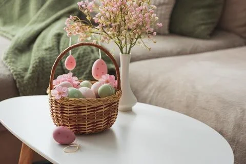 Easter Basket with Ester Eggs,  Plush Bunny and Spring Decor on White Table.. Stock Photos