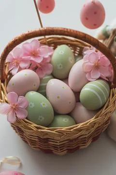 Easter Basket with Ester Eggs,  Plush Bunny and Spring Decor on White Table.. Stock Photos