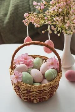 Easter Basket with Ester Eggs,  Plush Bunny and Spring Decor on White Table.. Foto stock
