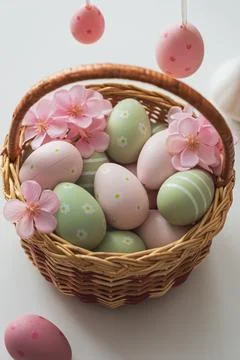 Easter Basket with Ester Eggs,  Plush Bunny and Spring Decor on White Table.. Stock Photos