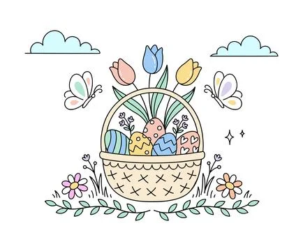 Easter basket filled with colorful patterned eggs and flowers surrounded. Stock Illustration