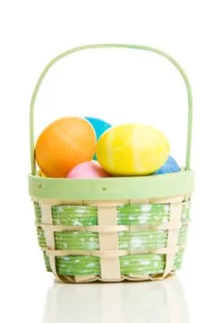 Easter: basket full of colored eggs Stock Photos