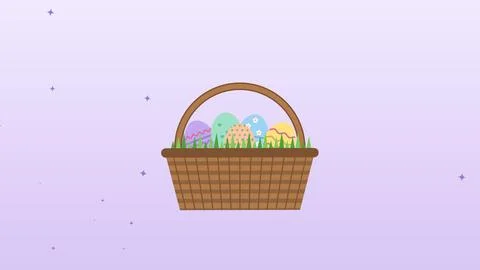 Easter basket full of decorated eggs rocking gently with bokeh and sparkles.. Stock Illustration