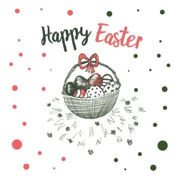 Easter basket full of eggs decorated with bow and  happy wishes text Stock Illustration