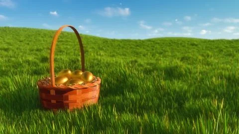 Easter basket with golden colored eggs among grass Stock Illustration