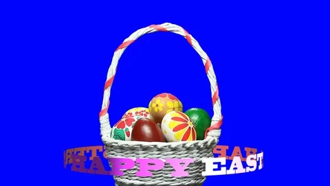 Easter basket hand-painted eggs turns. Inscription "Happy Easter" rotates. Alpha Stock Footage 73774125