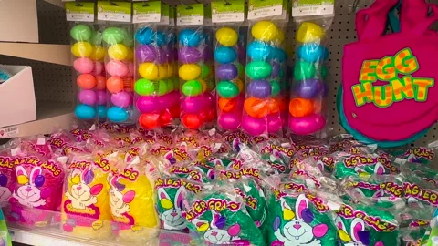 Easter Basket Items - Easter Grass, Plastic Eggs - Bettendorf, IA - Feb 17, 2024 Stock Footage 265511757