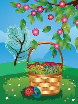 Easter Basket on Lawn Stock Illustration