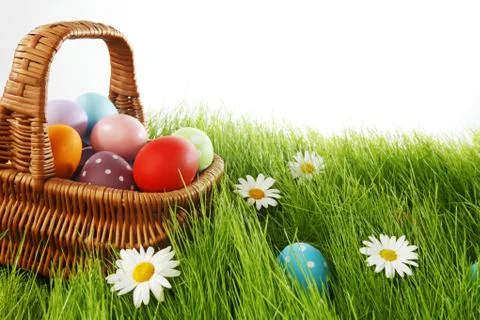 Easter basket on meadow Stock Photos