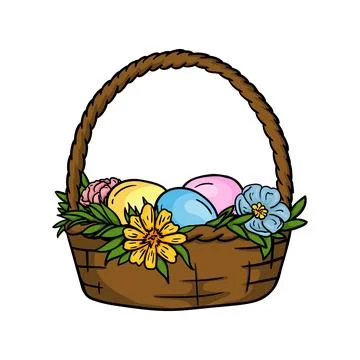 Easter basket with painted eggs and flowers Stock Illustration