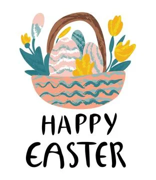 Easter basket with painted eggs, lettering and flowers, isolated on white b.. Stock Illustration