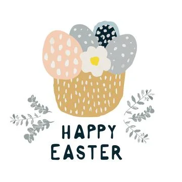 Easter basket with painted flowers, eggs and lettering isolated on white ba.. Stock Illustration