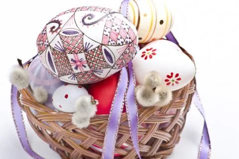Easter basket with ribbon Stock Photos