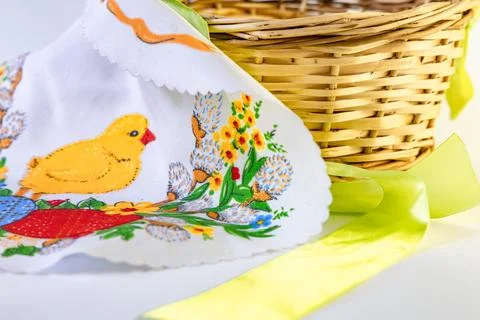 Easter basket, sausages, bread, eggs, Easter eggs, Stock Photos