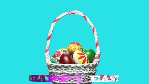 Easter basket turns and around it the inscription "Happy Easter" rotates. Stock Footage 73774099