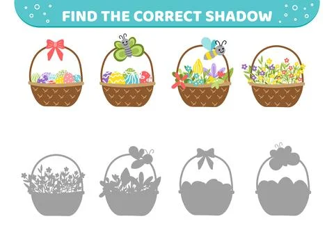 Easter baskets. Find the correct shadow. Shadow matching game. Cartoon, vector Illustrazione stock
