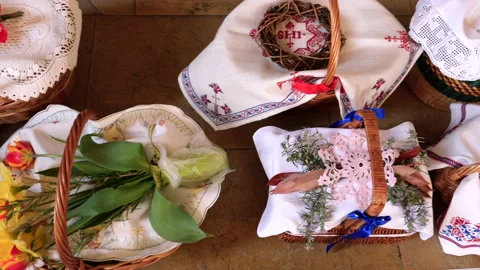 Easter baskets ready for blessing of Easter foods Stock Footage 183420484