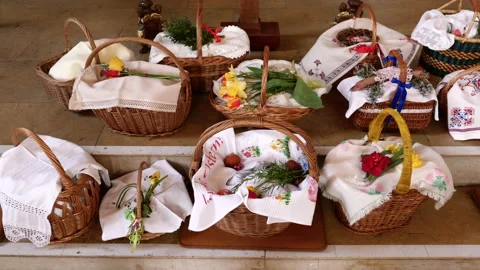 Easter baskets ready for blessing of Easter foods Stock Footage 183420882