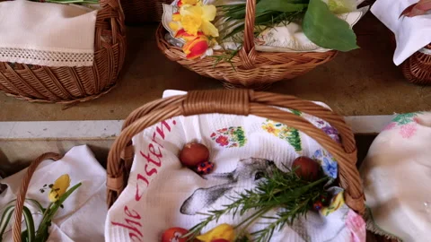 Easter baskets ready for blessing of Easter foods Stock Footage 183421426