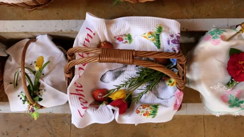Easter baskets ready for blessing of Easter foods Stock Footage 183421561
