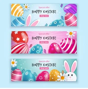 Easter Beautiful Banner. Multicolored Easter eggs with bunny and chamomiles Stock Illustration