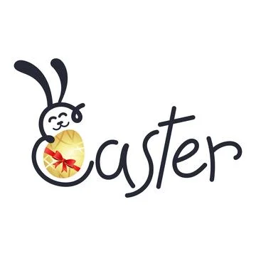 Easter beautiful design with a bunny and a golden egg decorated with a bow Stock Illustration