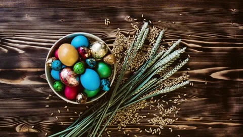 Easter beautiful eggs on wooden table. Stock Footage 85957431
