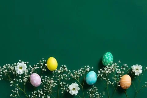 Easter beautiful flat lay with copy space with colorful pastel painted eggs 스톡 사진