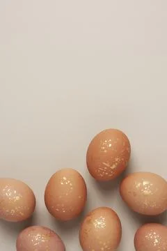 Easter beige eggs on pastel background. Flat lay, copy space. beautiful Stock Photos