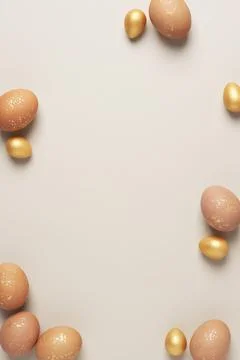 Easter beige eggs on pastel background. Flat lay, copy space. beautiful Stock Photos